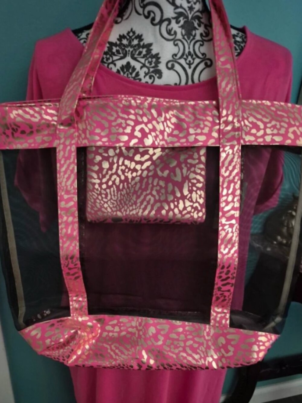 Pink leopard print and mesh tote new